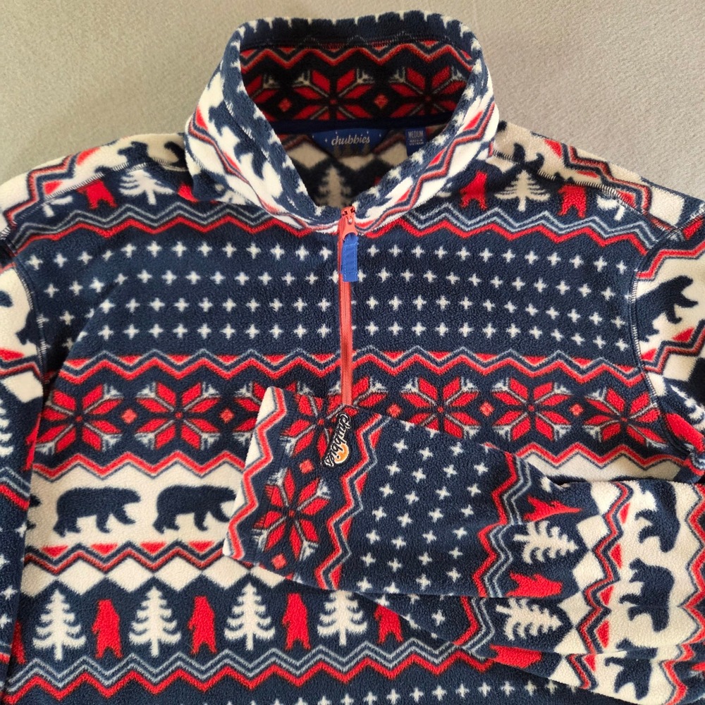 Chubbies Bearly Wild Quarter Zip Fleece Pullover Fair Isle Bear Navy Blue Red M